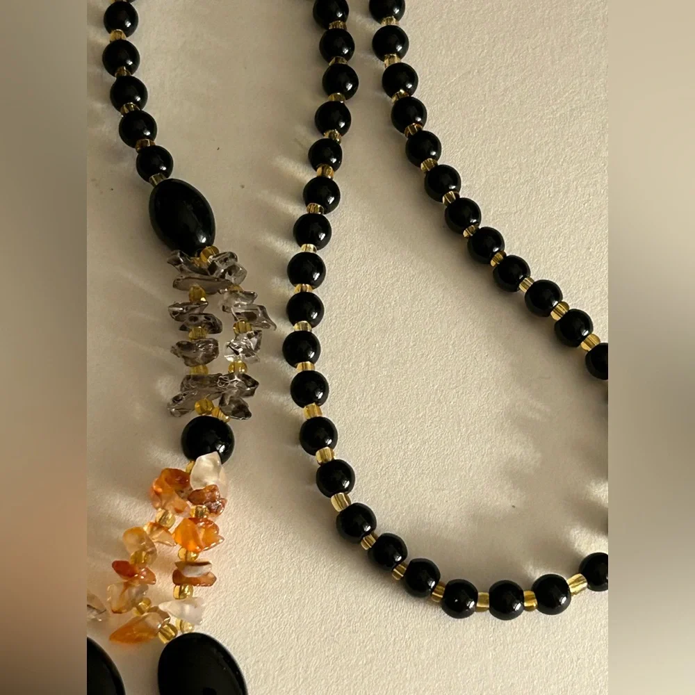 Necklace Artisan Jade flower tassel, Onyx, Rutilated Quartz, Carnelian beads